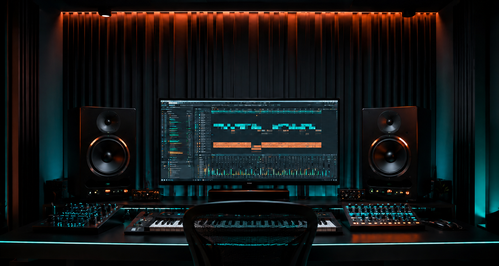 Premium EDM production studio with monitors, controllers, speakers, and a DAW session open.